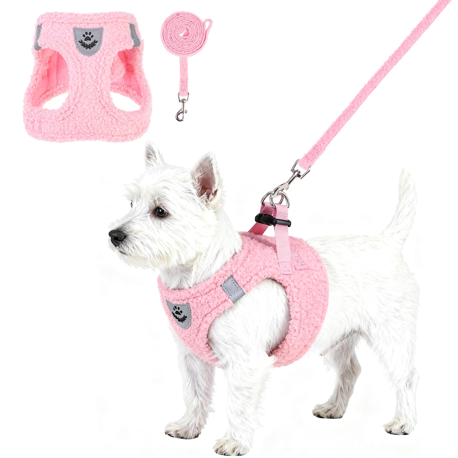KOOLTAIL plush small dog harness set in pink for warm winter walks and easy daily use.