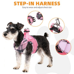 KOOLTAIL breathable mesh panels on pink plaid harness for comfortable all-day wear