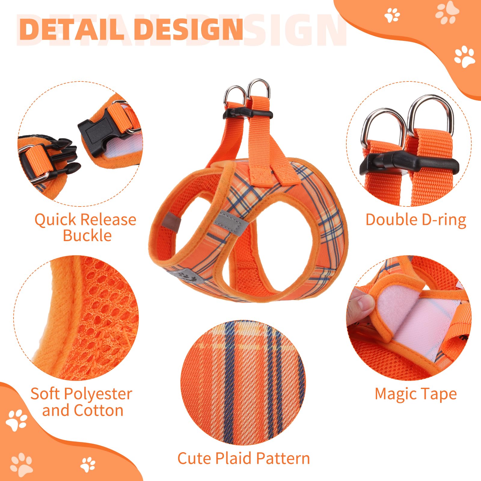 KOOLTAIL Thanksgiving dog harness S plaid close-up shows breathable air-mesh comfort.