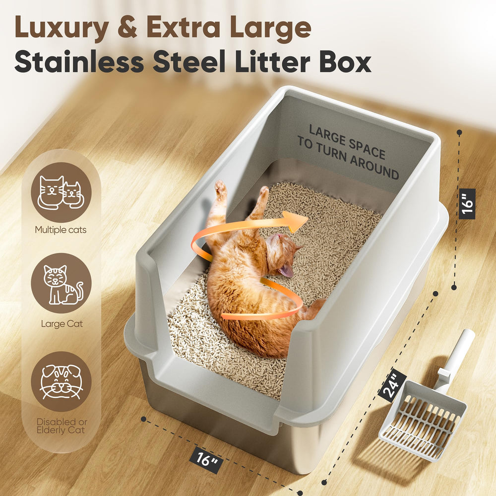 Koomoom extra-large stainless litter box image shows spacious 24x16x16 inches for comfortable movement.