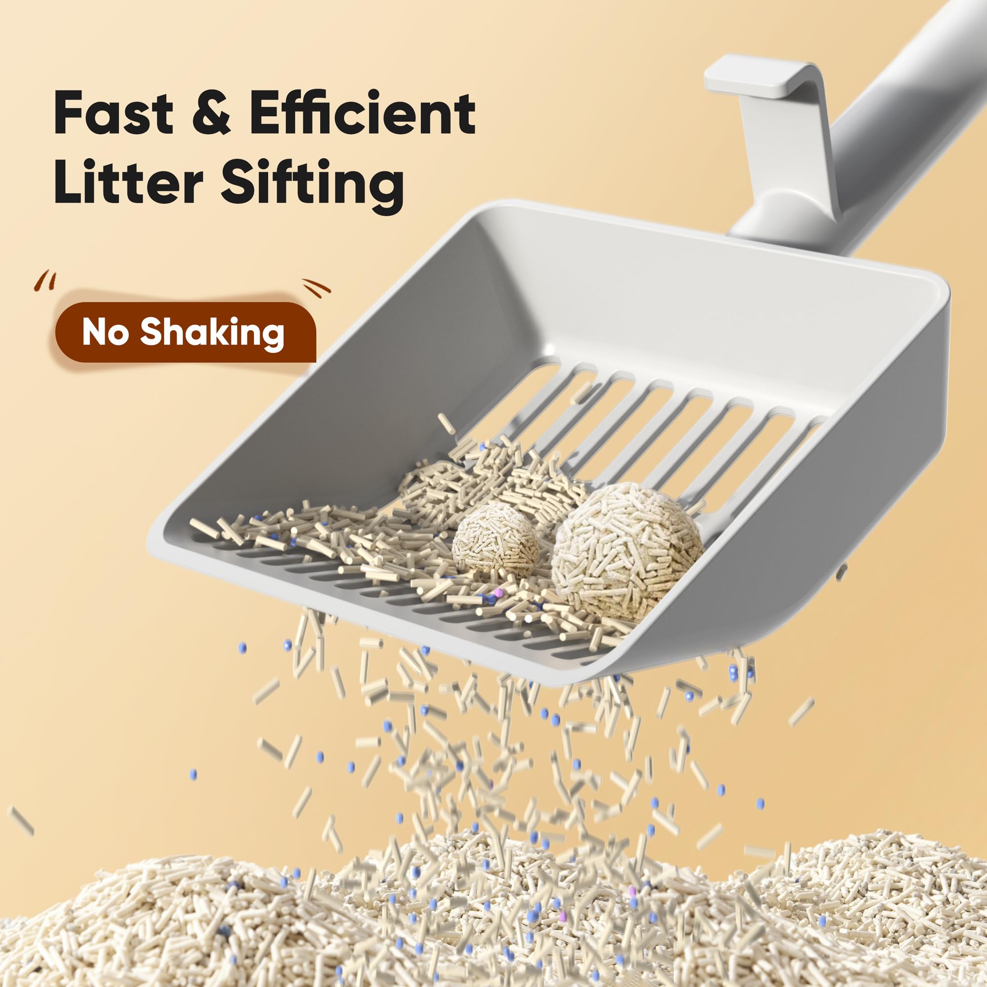 KooMooM ergonomic 35-degree-angle scoop glides along the box surface.