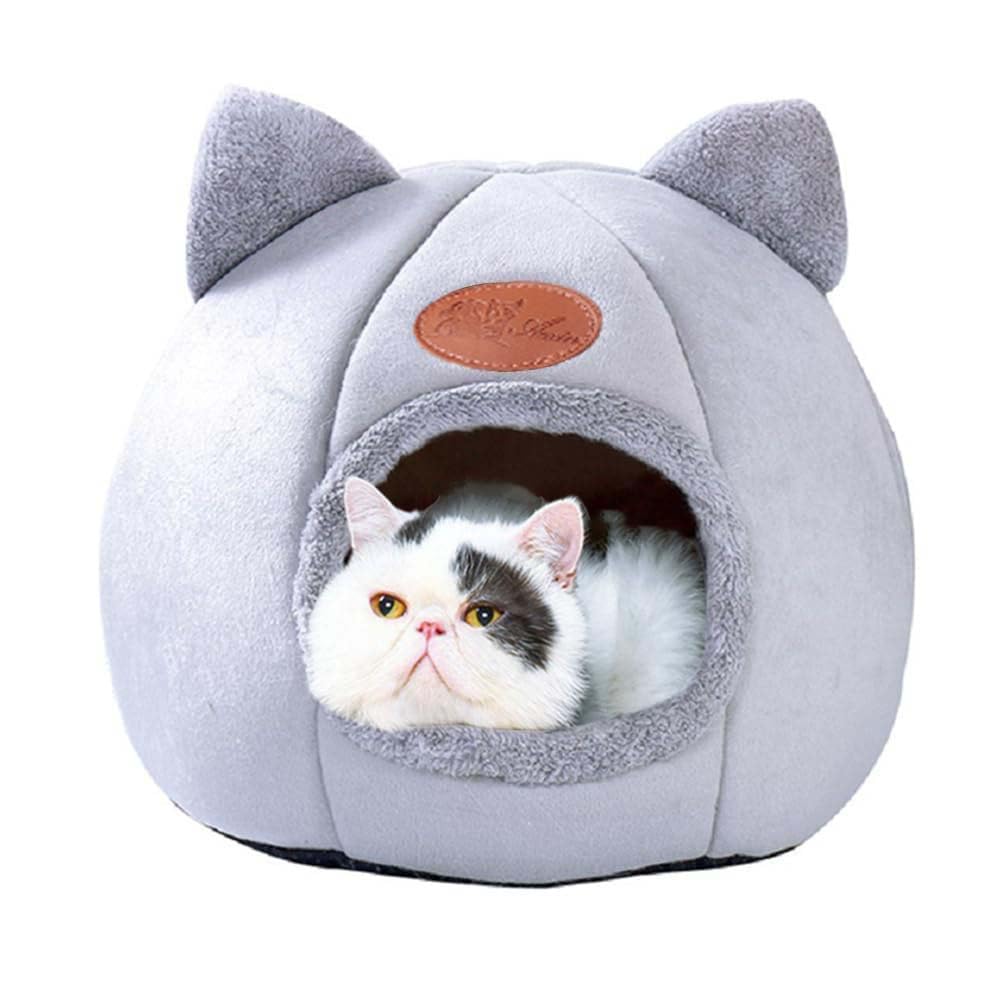 KooTeedd cat bed gray cave interior provides a cozy hideaway for indoor cats.