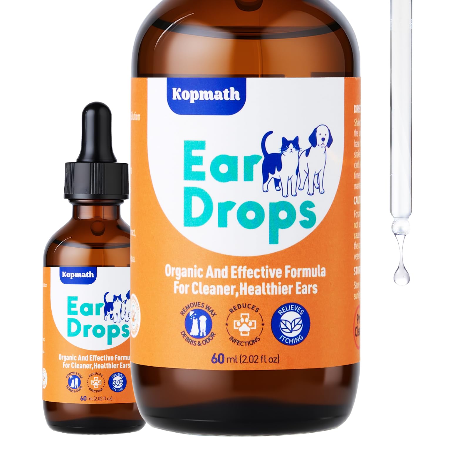 Kopmath dog ear drops bottle close-up showing a natural cleaning solution for healthy ears.