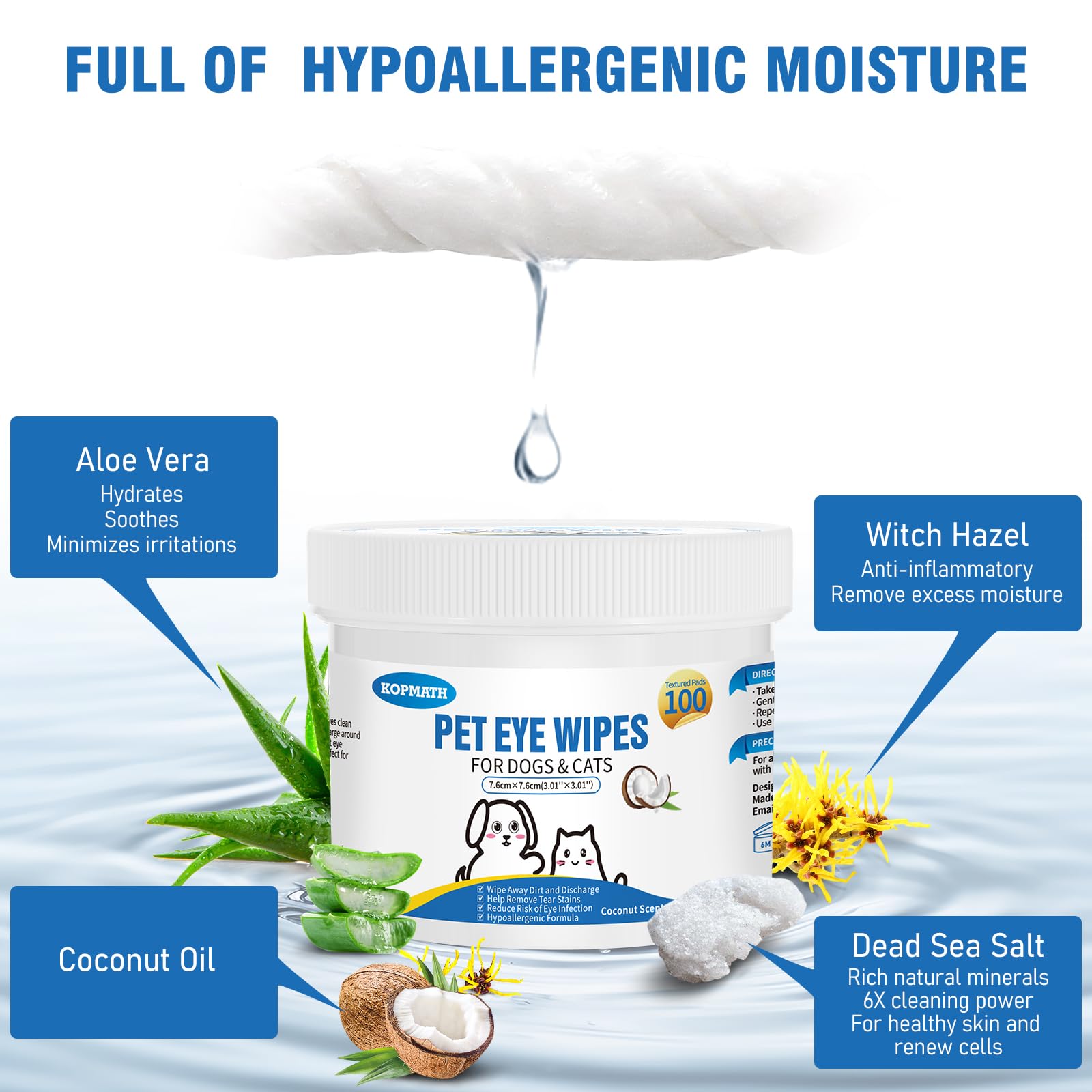 Kopmath eye wipes demonstrating full moisture for easy cleaning around eyes.