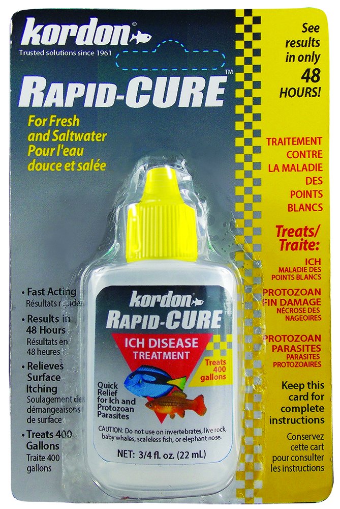 Kordon Rapid Cure bottle for aquarium fish provides fast relief from ich and parasites.