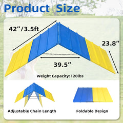 Koretech dog agility A-frame folded storage demonstrates easy portability and compact storage.