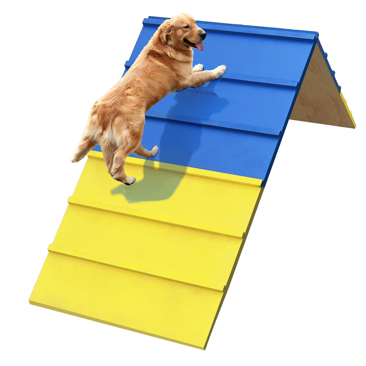 Koretech dog agility A-frame front view shows sturdy natural wood construction for home training.