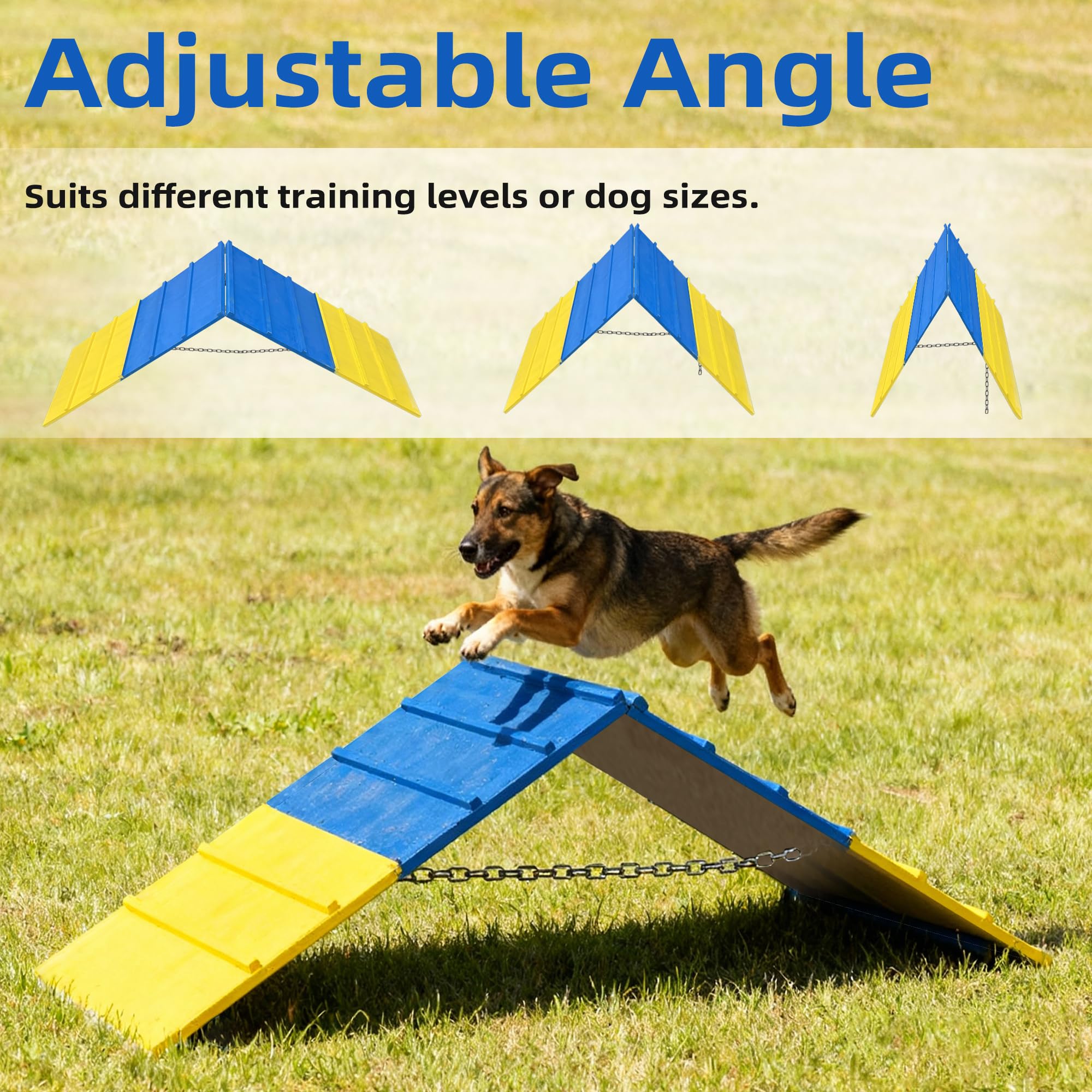 Koretech dog agility A-frame side view highlights adjustable chain for customizable incline.