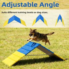 Koretech dog agility A-frame side view highlights adjustable chain for customizable incline.