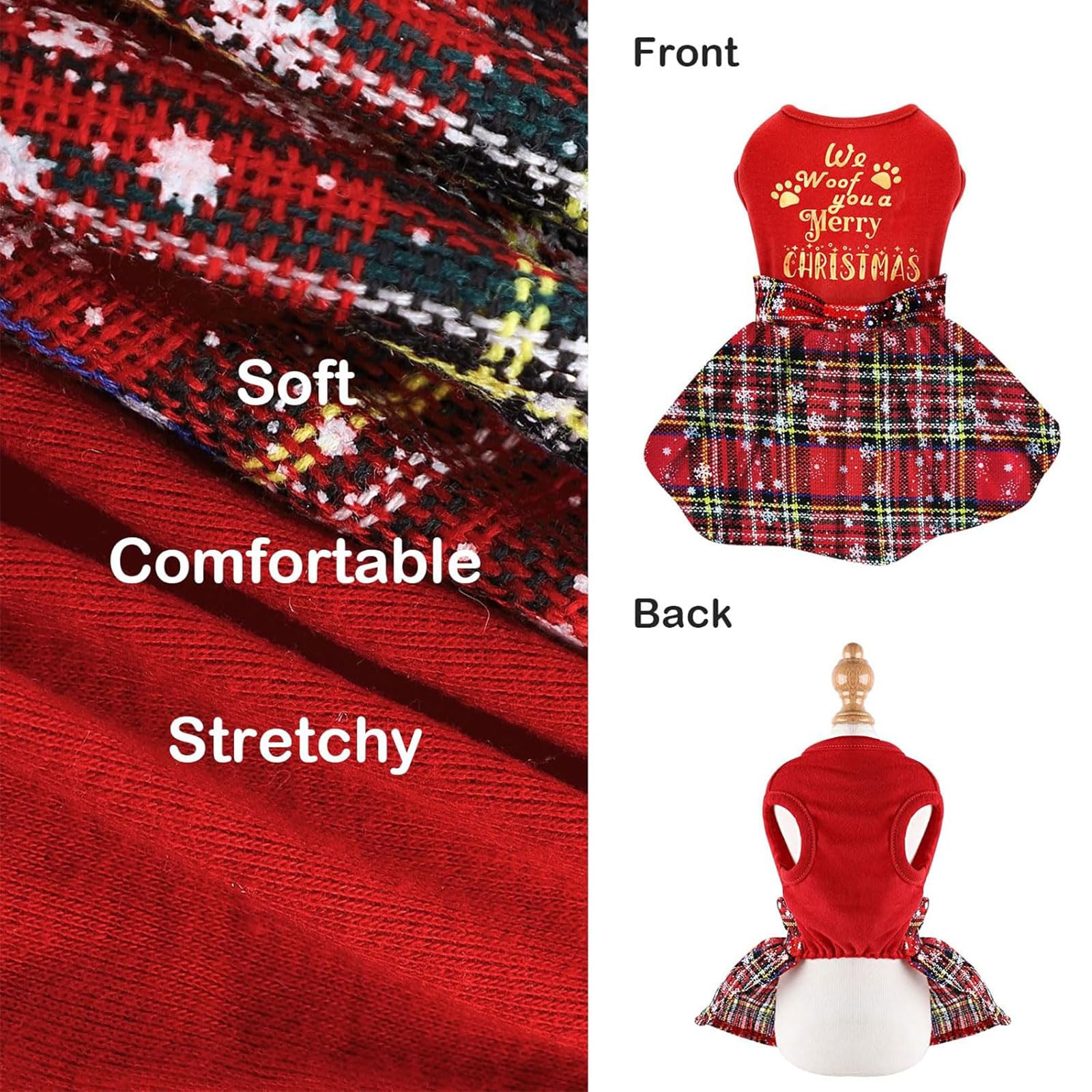 Kosiyi dog Christmas outfit plaid dress back view highlights easy pullover design.