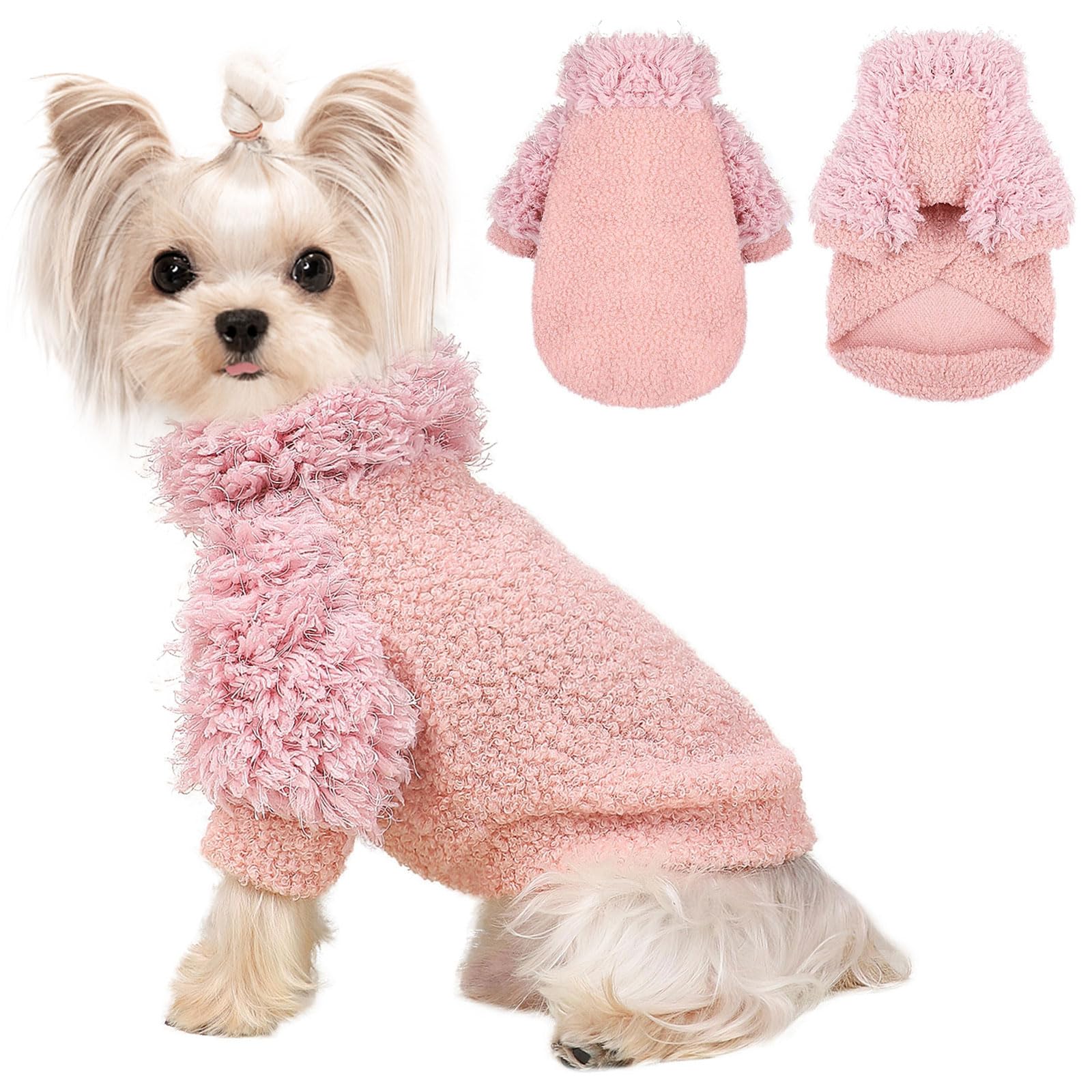Kosiyi pink dog sweater front view showing cozy fleece warmth for small breeds
