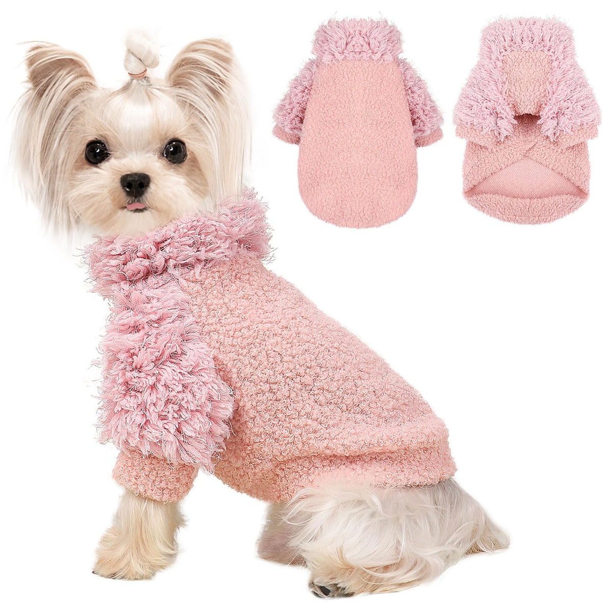 Kosiyi pink dog sweater front view showing cozy fleece warmth for small breeds