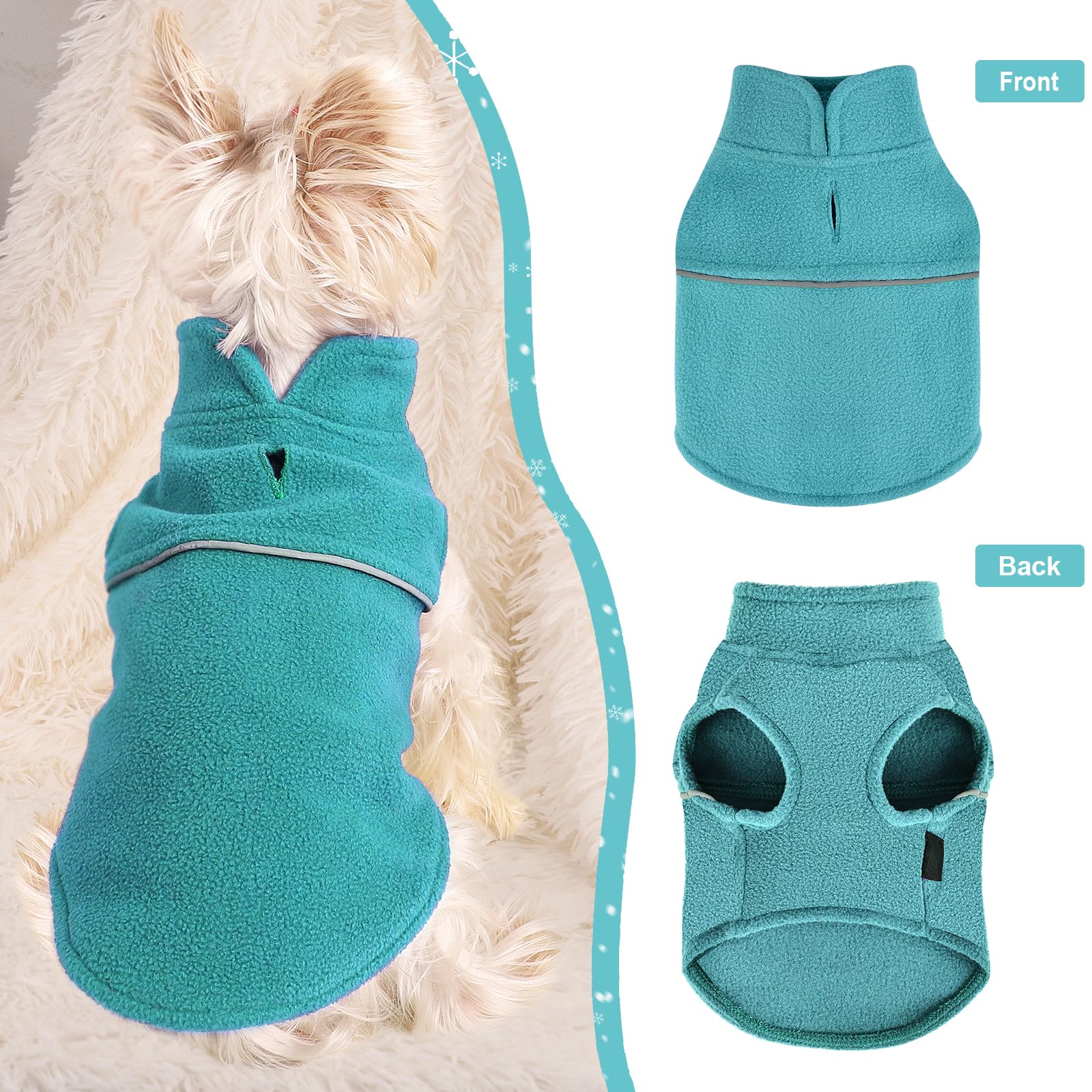 Kosiyi lake blue fleece vest back view showing cozy fit for tiny dogs.