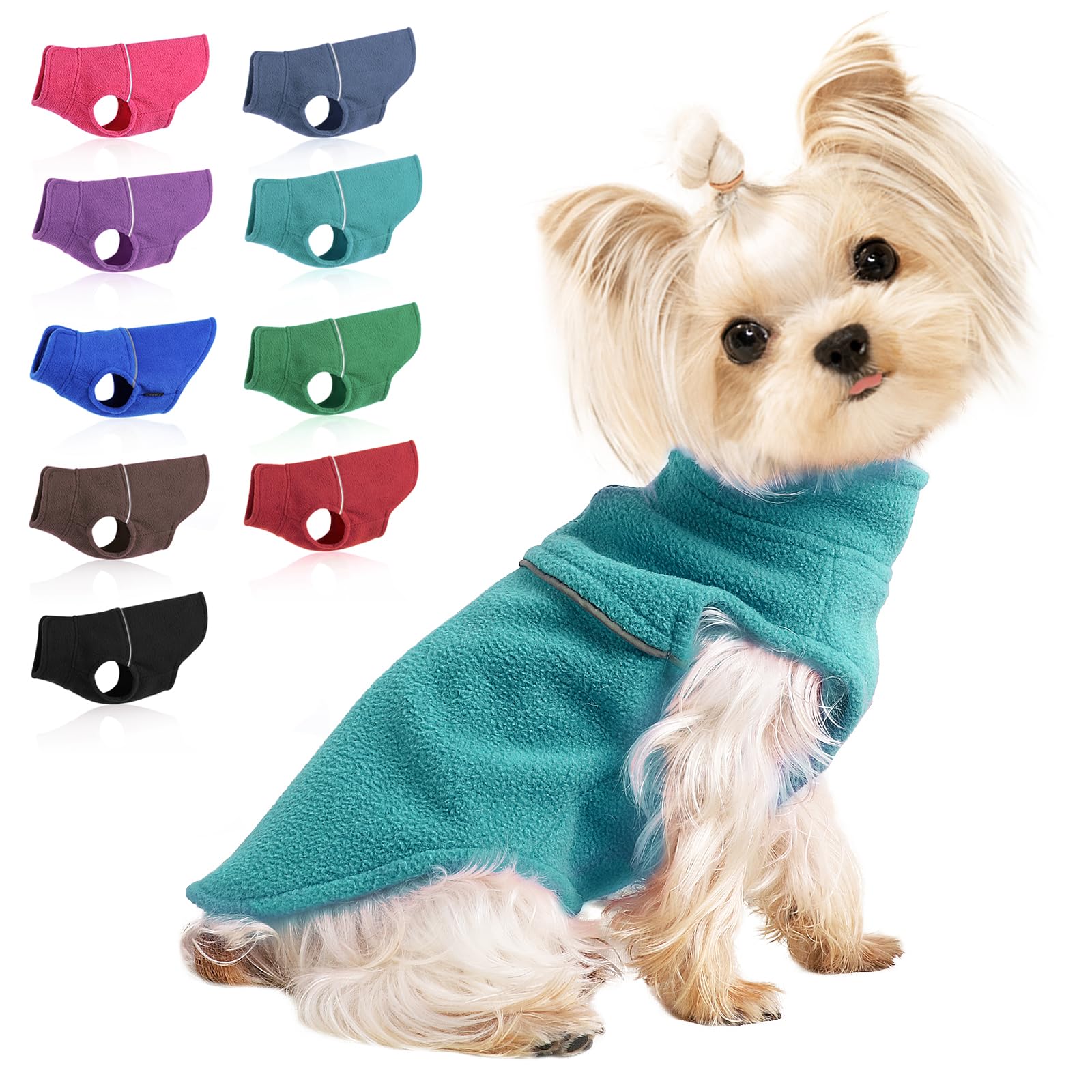 Kosiyi lake blue fleece vest front view for small dogs keeps warmth without bulk.