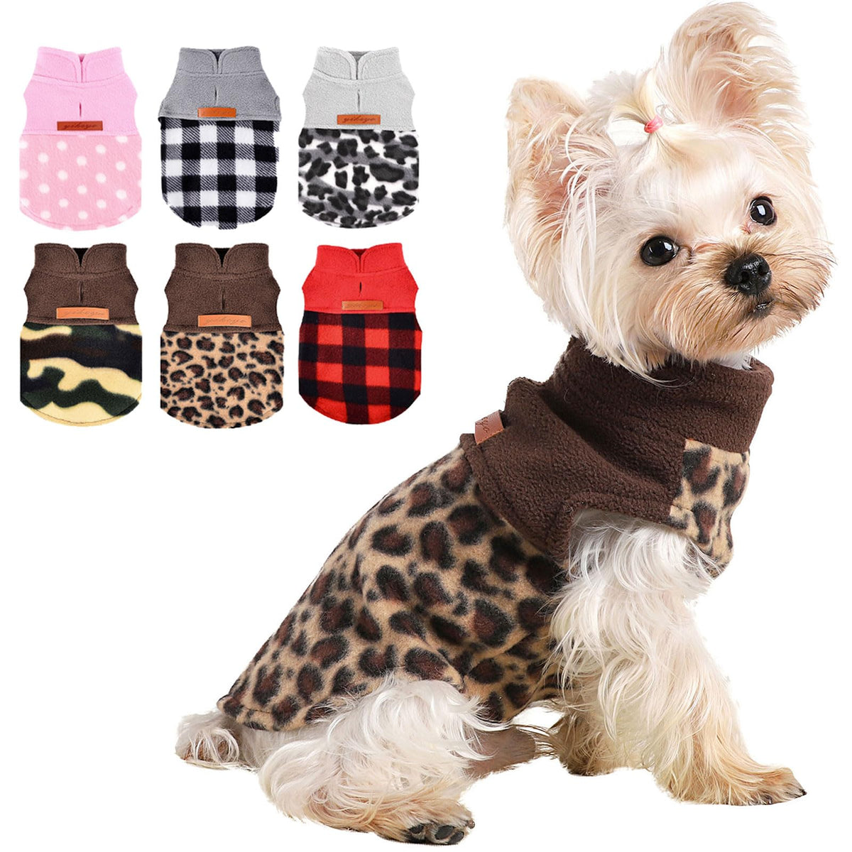Kosiyi leopard dog sweater front view for XS dogs, cozy warmth on chilly strolls.