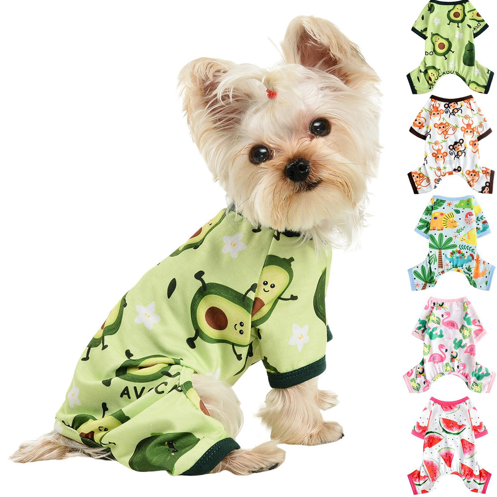 Kosiyi small dog pajamas front view with fruit pattern for stylish outdoor wear.