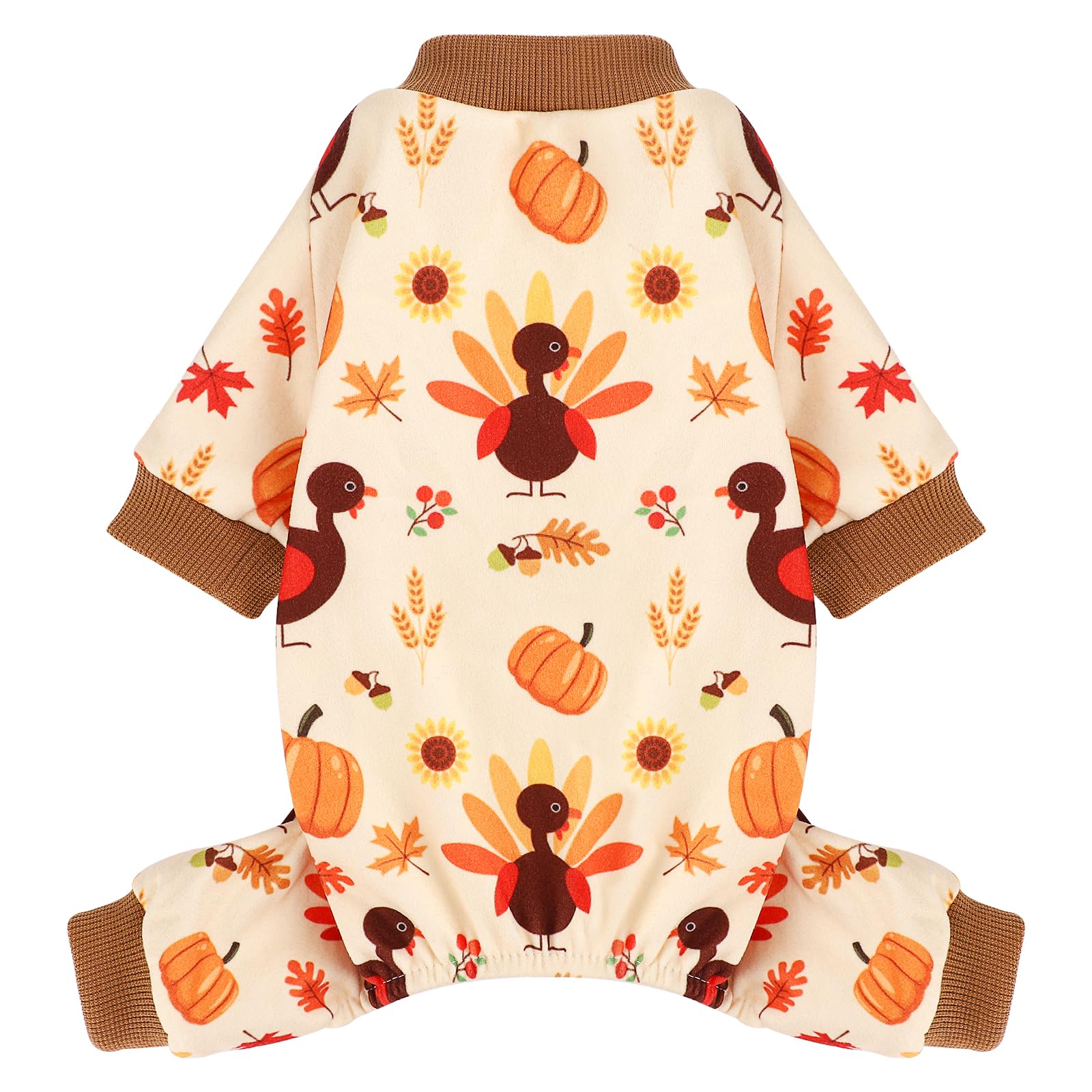 Kosiyi turkey-pumpkin pattern dog costume, festive attire for Thanksgiving photos.