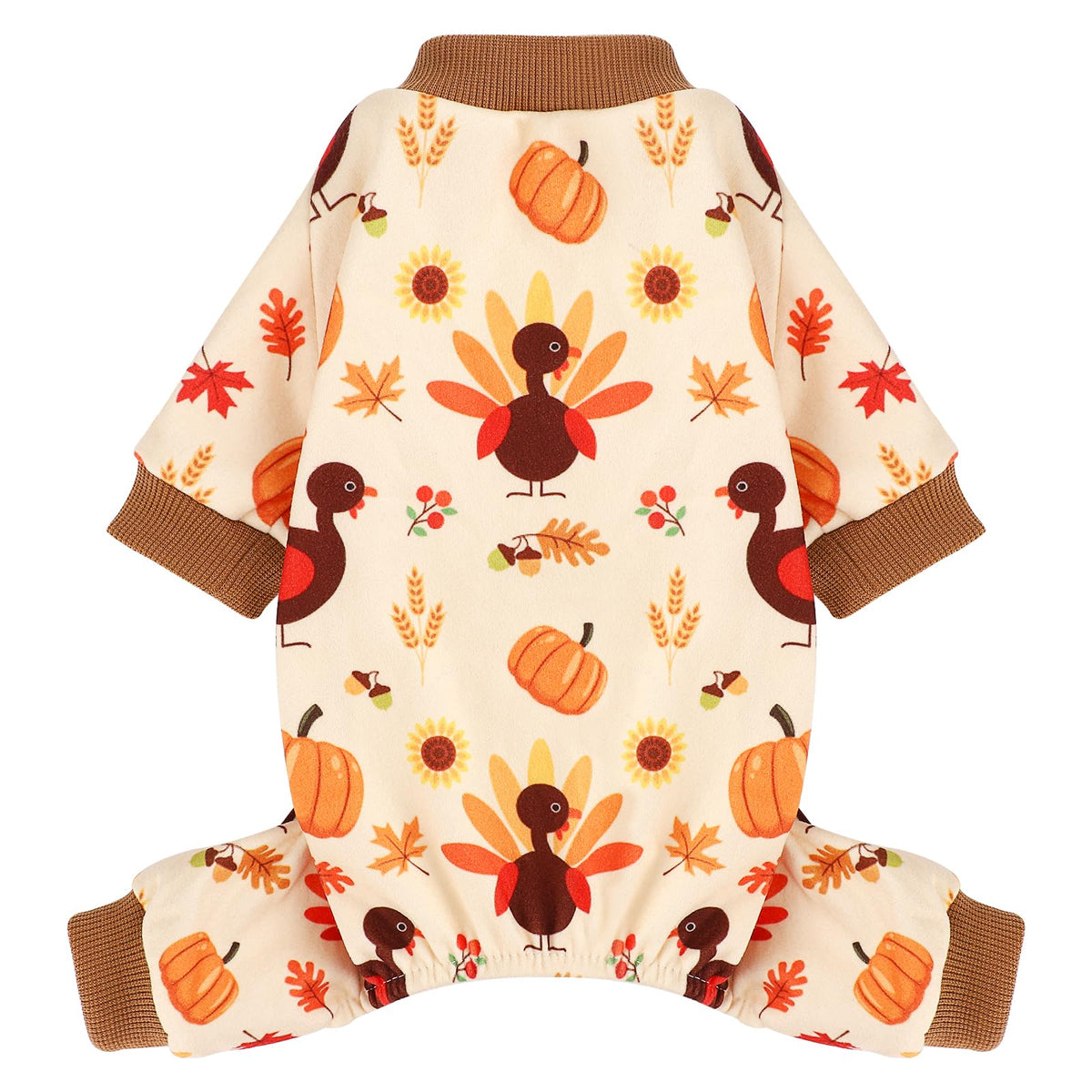 Kosiyi turkey-pumpkin pattern dog costume, festive attire for Thanksgiving photos.