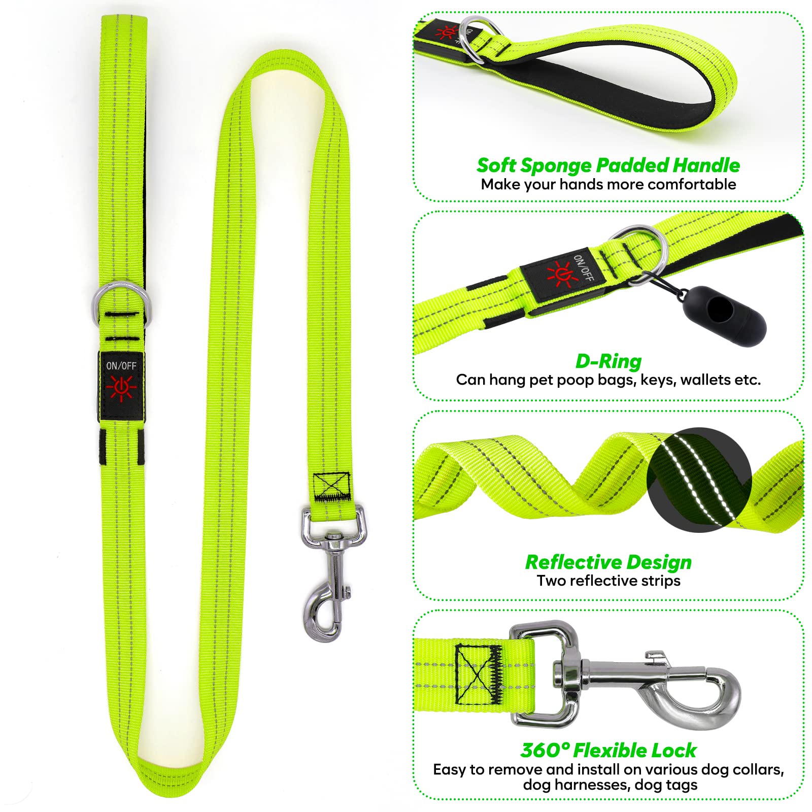 KOSKILL LED dog leash features 360-degree swivel buckle for versatile attachment.