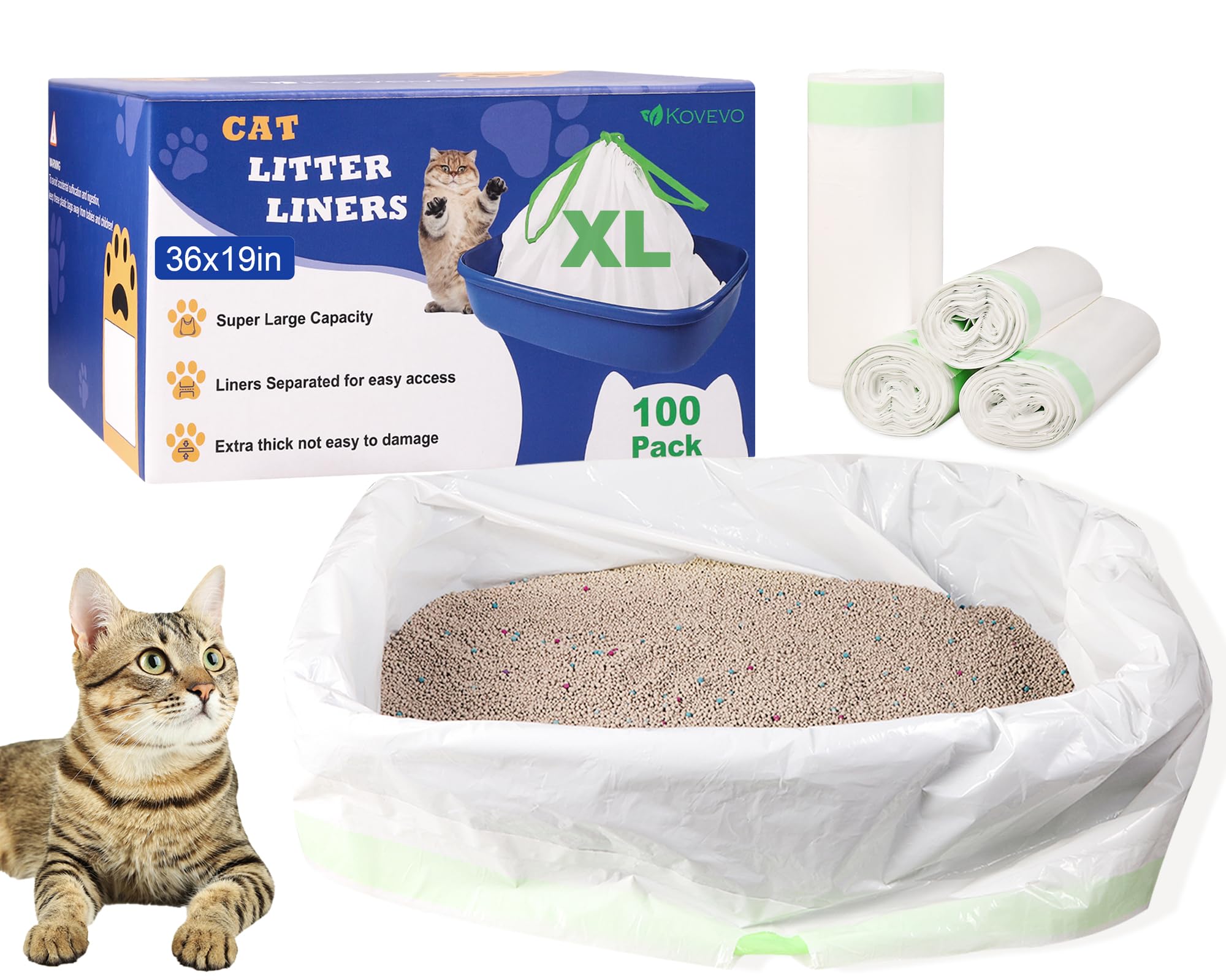 Kovevo litter box liner 36x19 inches offers oversized capacity for easy disposal.