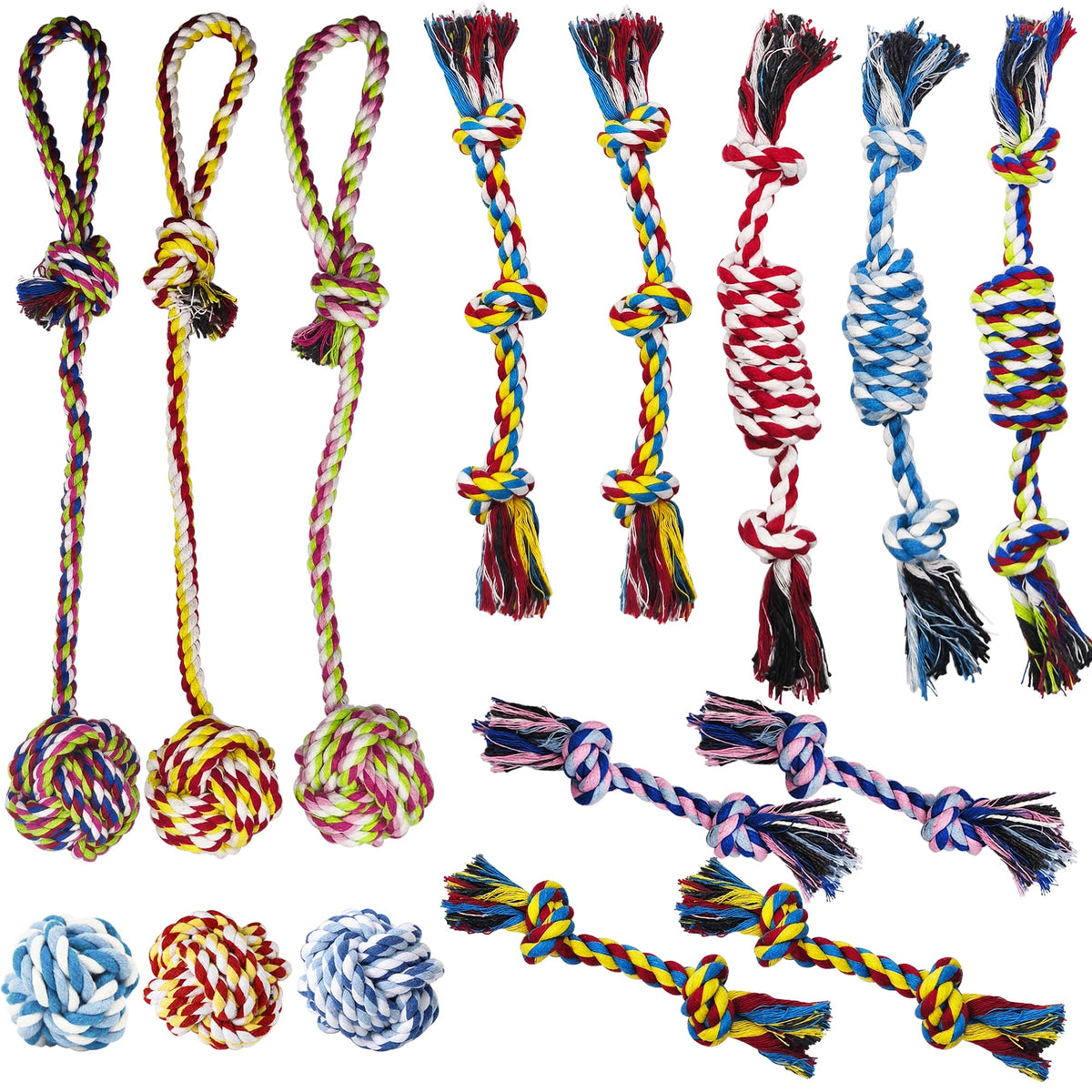 Koyukuk small dog rope toys 15-pack packshot showcases durable, safe chew options for teething puppies.
