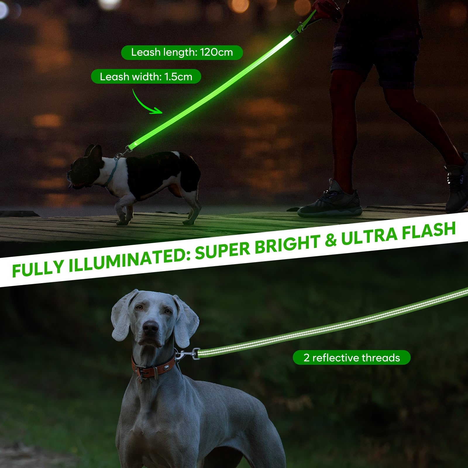 Kpuplol LED dog leash 360-swivel provides tangle-free control during brisk strolls.