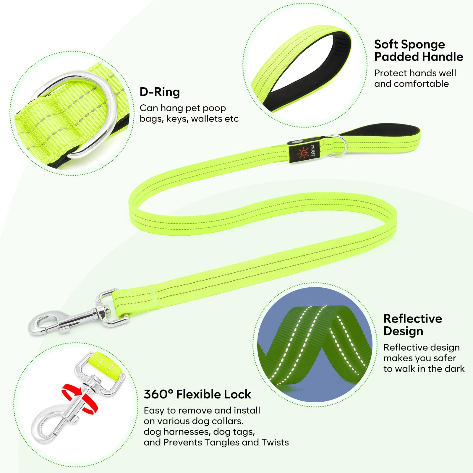 Kpuplol LED dog leash dark-reflective enhances visibility in low-light conditions.