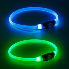 Kpuplol light-up dog collar shows green and blue glow for nighttime visibility.
