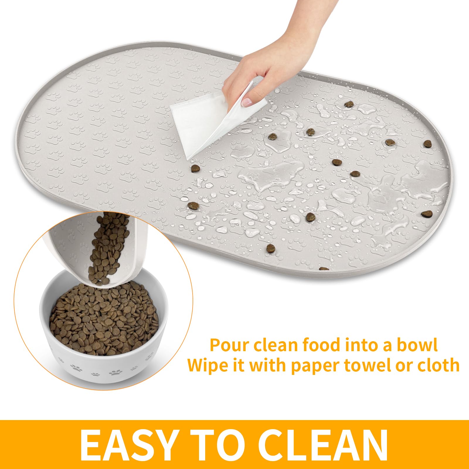 KPWACD dog food mat easy to clean and wipe away crumbs.