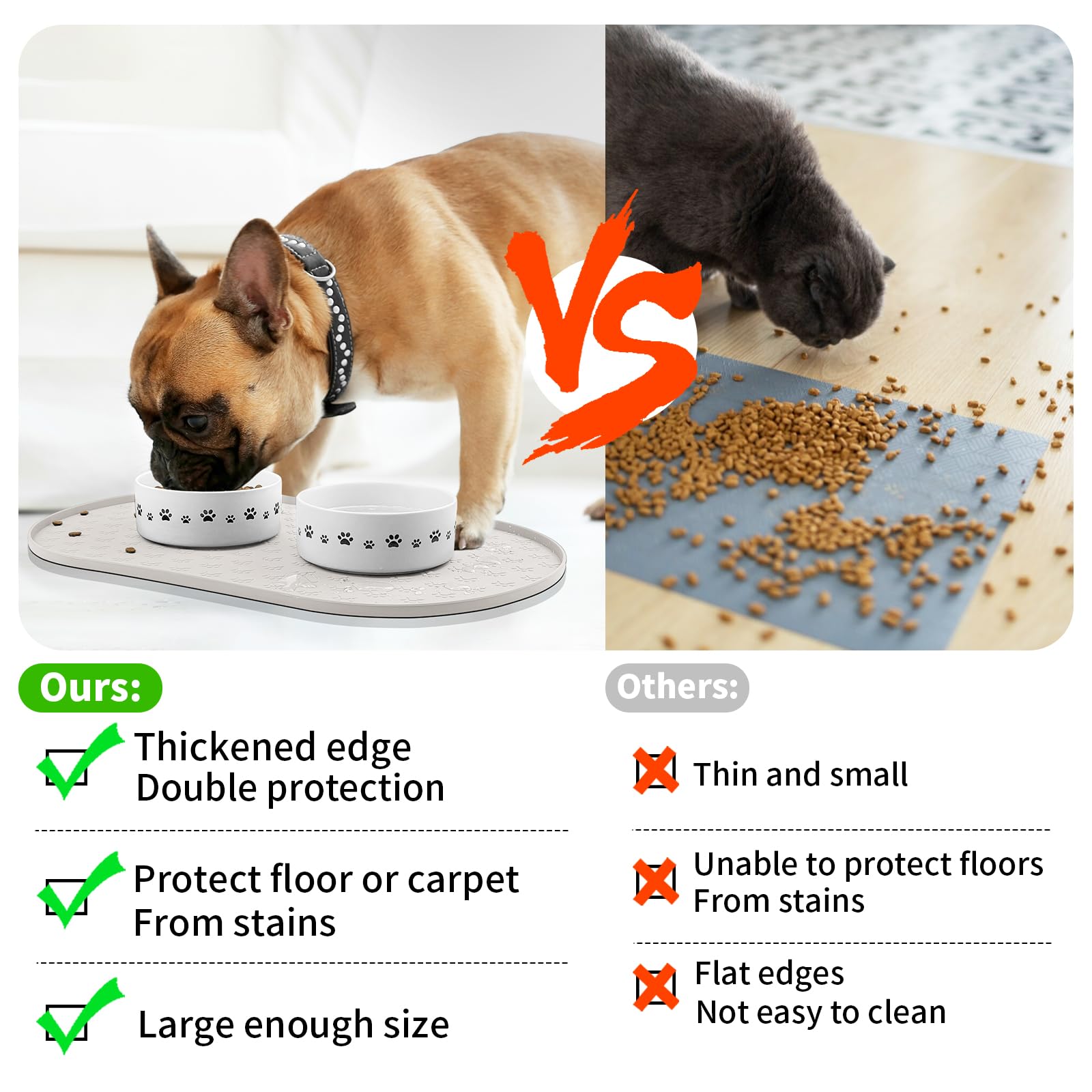 KPWACD raised-edges on dog food mat trap drips efficiently.