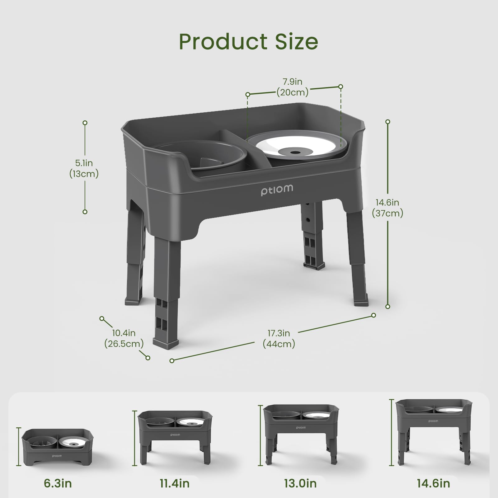 KPWACD four-height adjustable stand fits large, medium, and small dogs comfortably.
