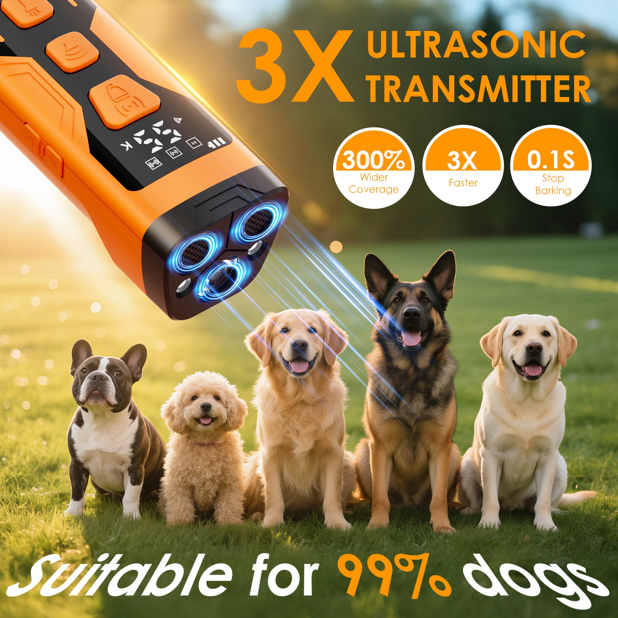 KQMOP bark deterrent 3x ultrasonic transmitters provide wider coverage for training.
