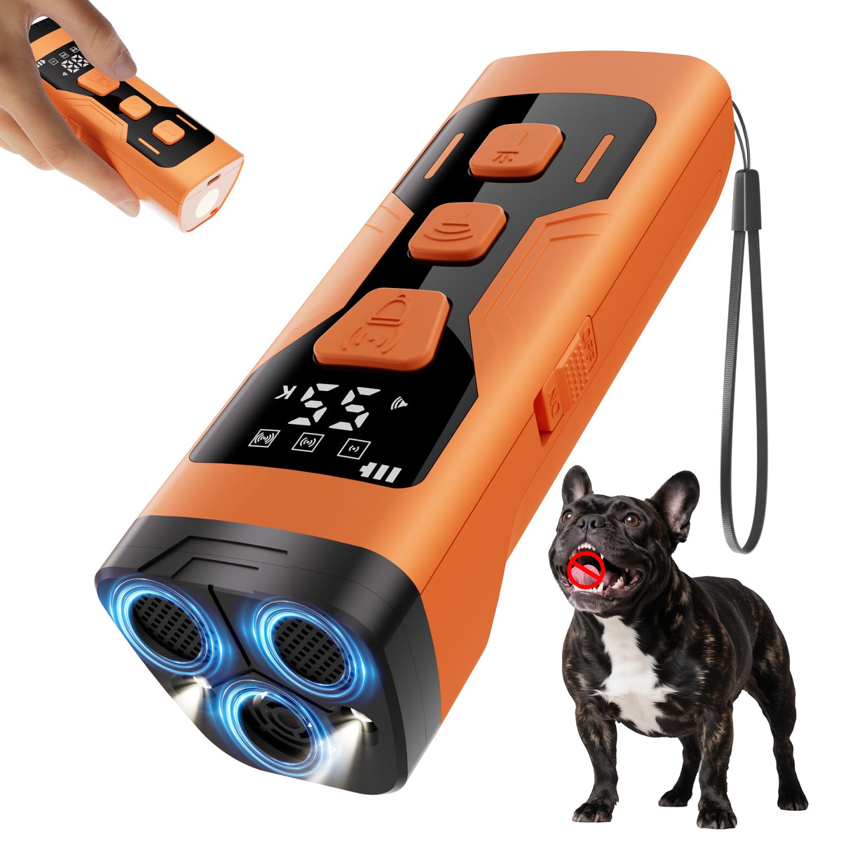 KQMOP bark deterrent with 3x ultrasonic transmitters for wider coverage.