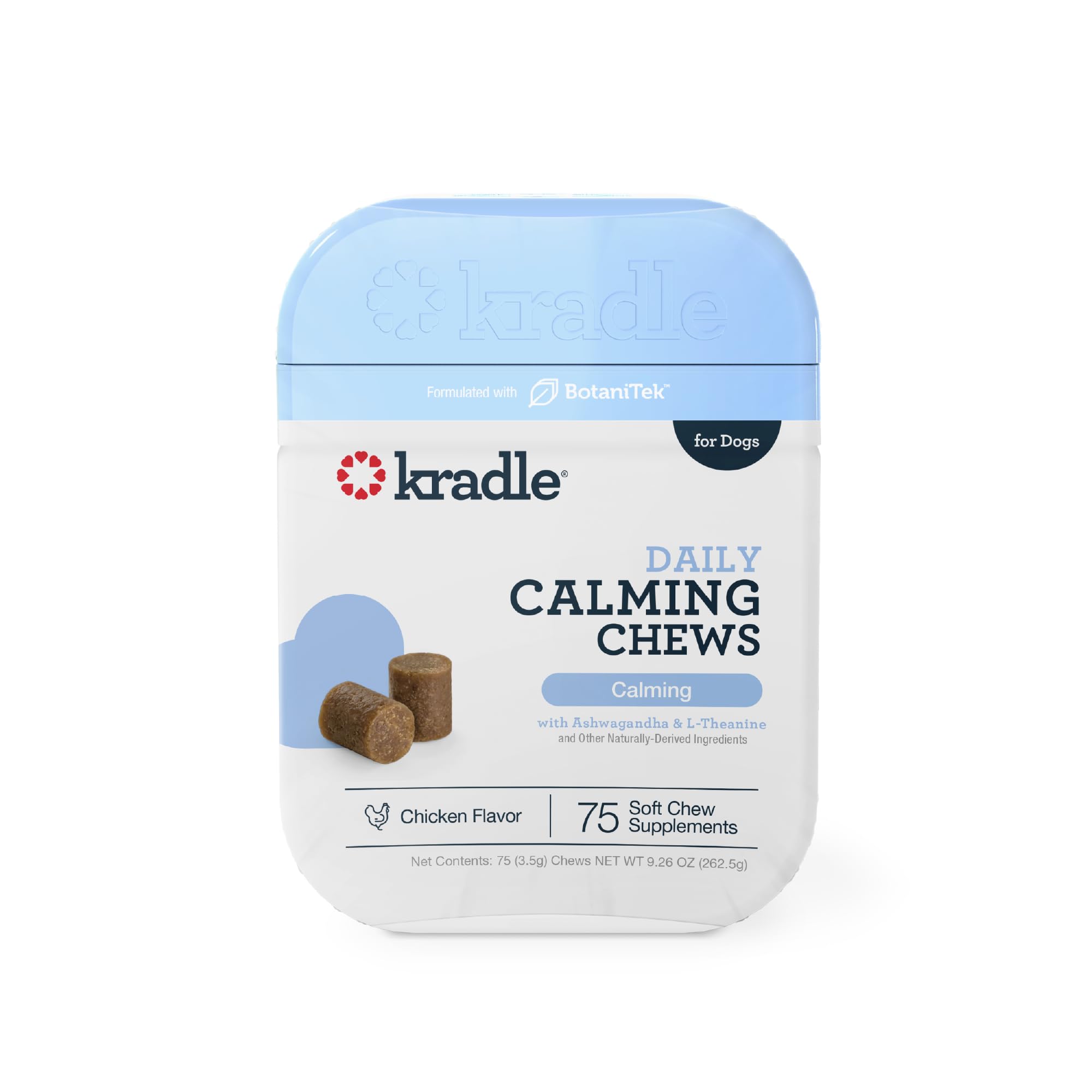 Kradle Calming Chews bag front highlighting daily stress support for dogs.