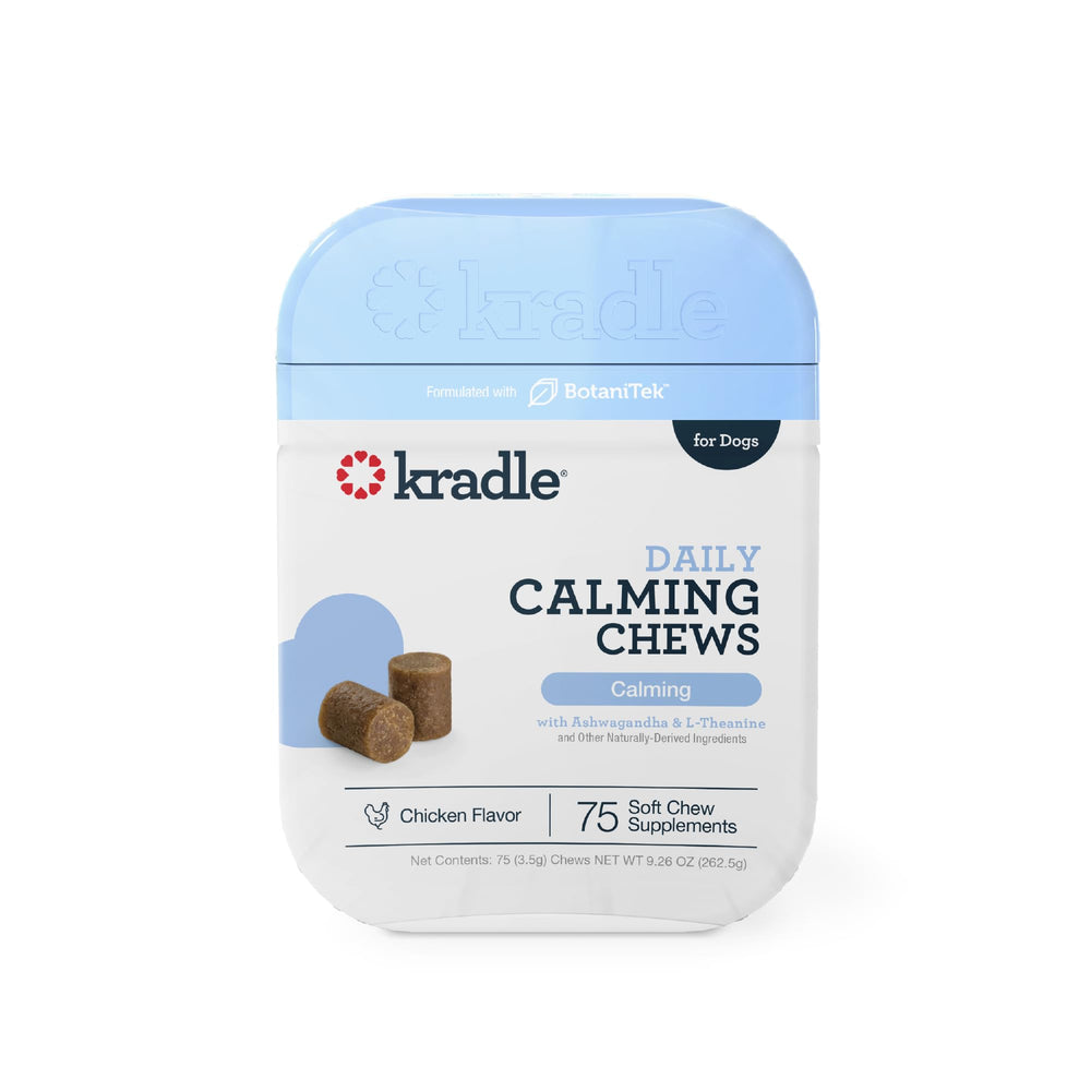 Kradle Calming Chews bag front highlighting daily stress support for dogs.