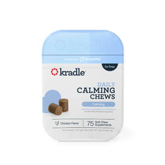 Kradle Calming Chews bag front highlighting daily stress support for dogs.