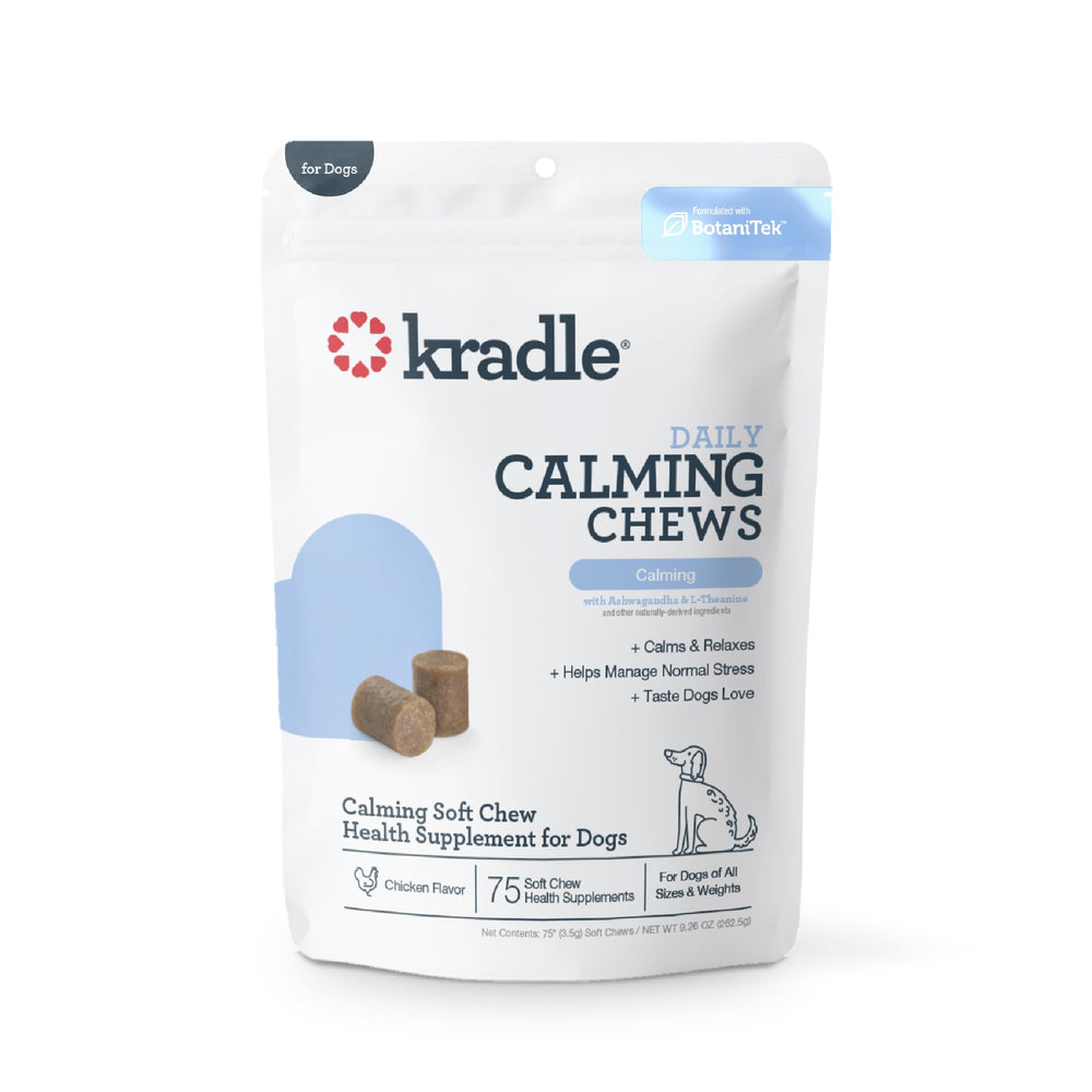 Kradle Calming Chews bottle closeup showing vet-formulated calm support.