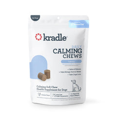 Kradle Calming Chews bottle closeup showing vet-formulated calm support.