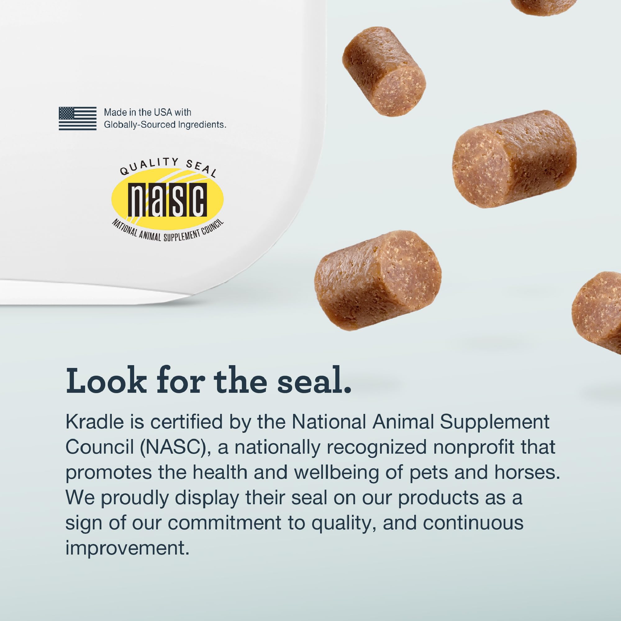Kradle Calming Chews ingredient panel showing Ashwagandha for balance.
