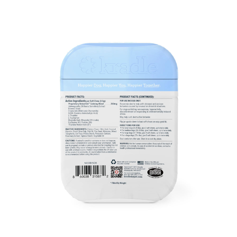 Kradle Calming Chews packaging side view highlighting nutrition and daily use.