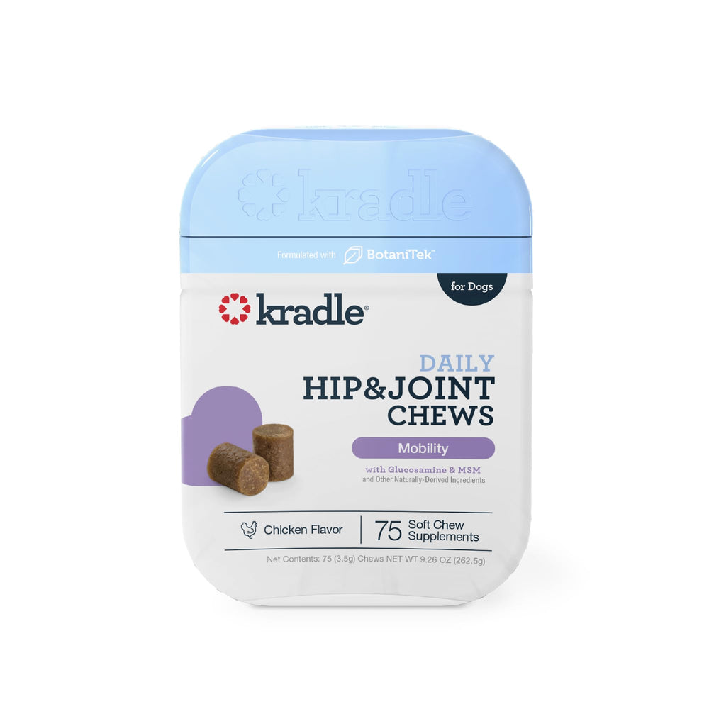 Kradle Hip and Joint Chews bottle closeup showing daily mobility support for dogs.