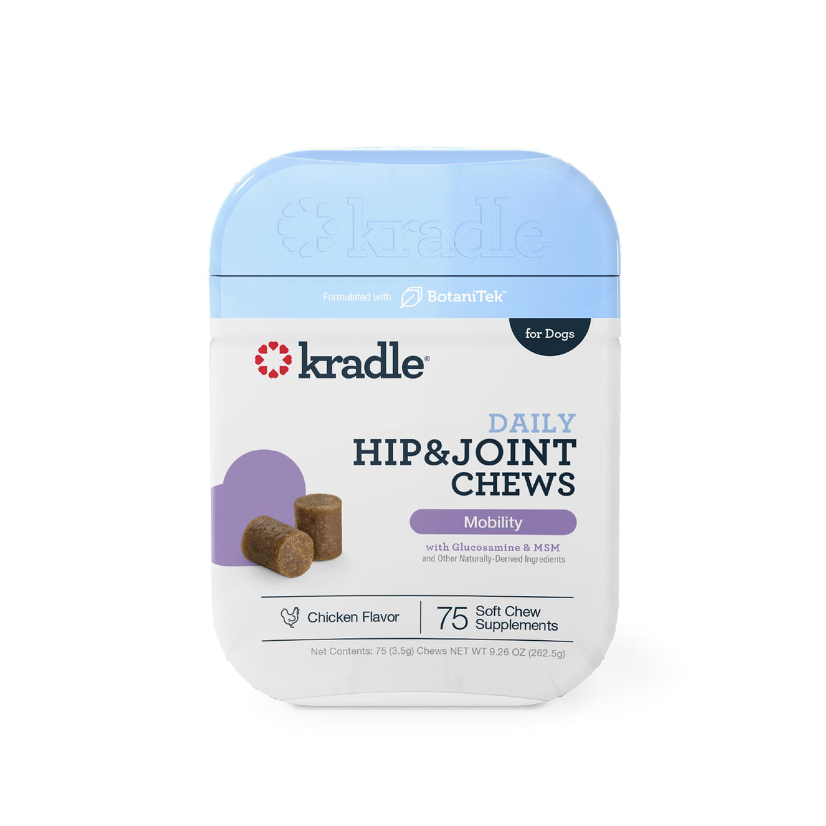 Kradle Hip and Joint Chews bottle closeup showing daily mobility support for dogs.
