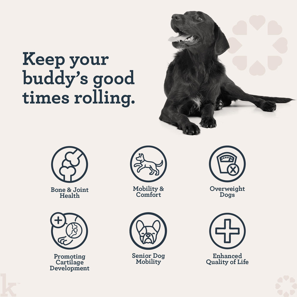 Kradle Hip and Joint Chews label closeup featuring glucosamine and chondroitin for joint care.