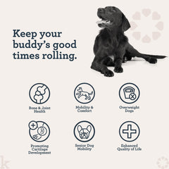 Kradle Hip and Joint Chews label closeup featuring glucosamine and chondroitin for joint care.