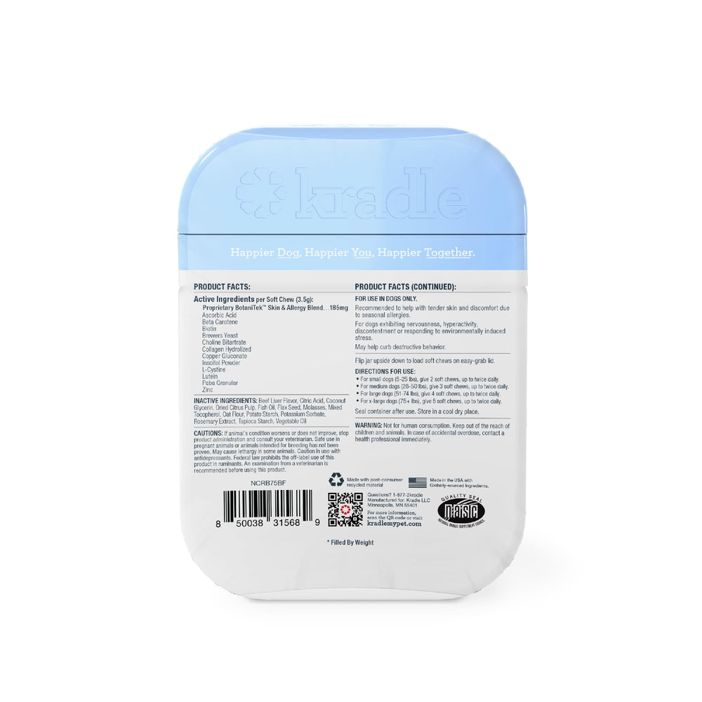 Kradle Skin Recovery Chews dog chew detail emphasizing portioned dosing by weight