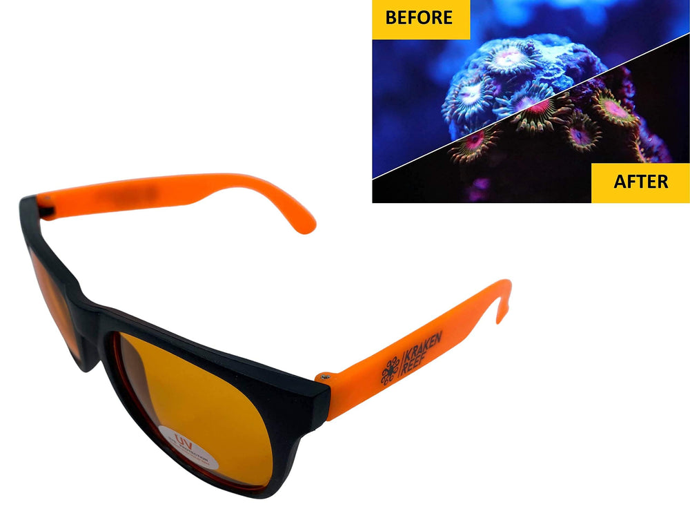 Kraken Reef UV Coral Viewing Glasses on an aquarium tank highlight reef colors.