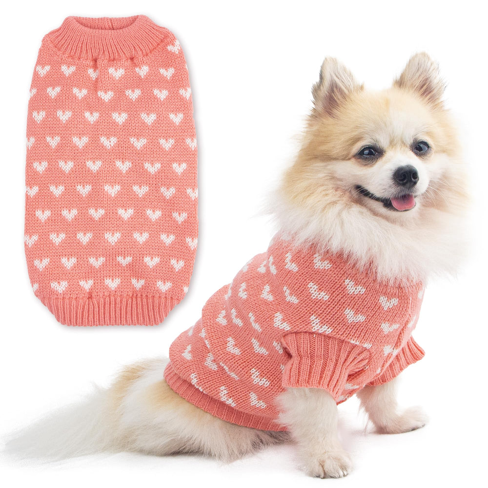 Krastmon dog sweater heart pink front view shows cozy warmth for small pets.