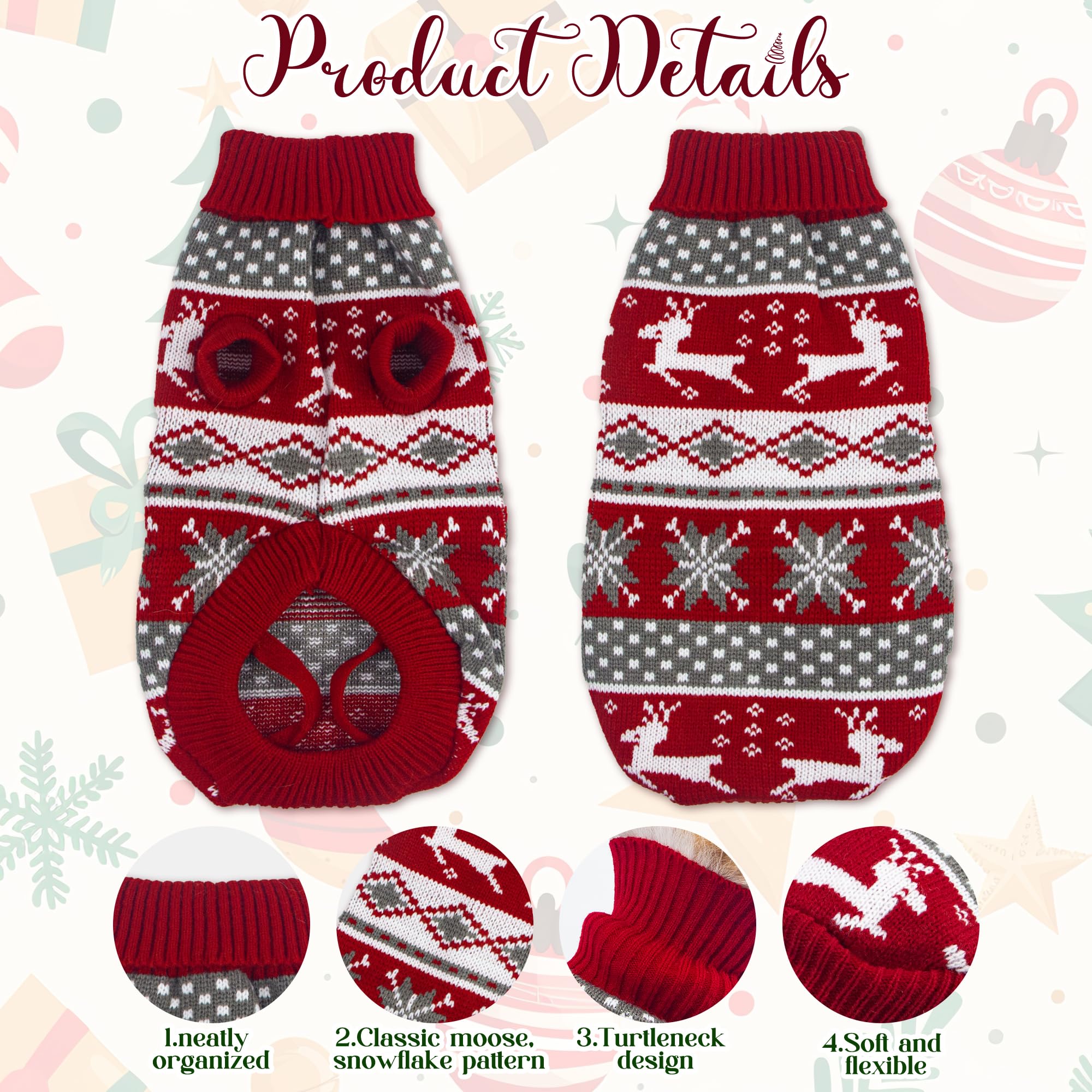 Krastmon moose-pattern dog sweater worn during winter scene for festive photos.
