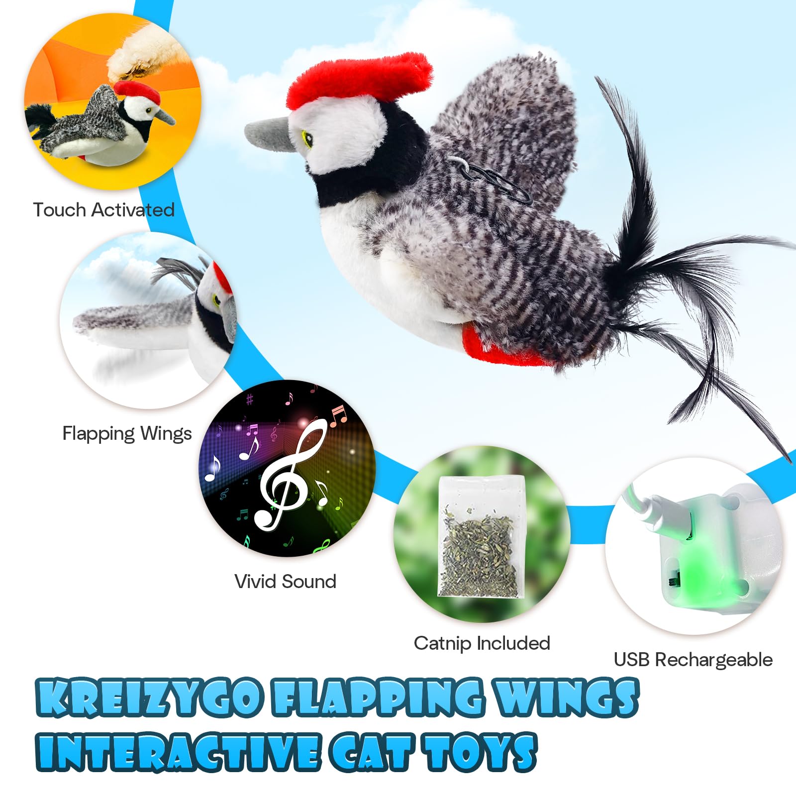 KreizyGo chirping bird interactive toy captures kittens' hunting instincts for mental stimulation.