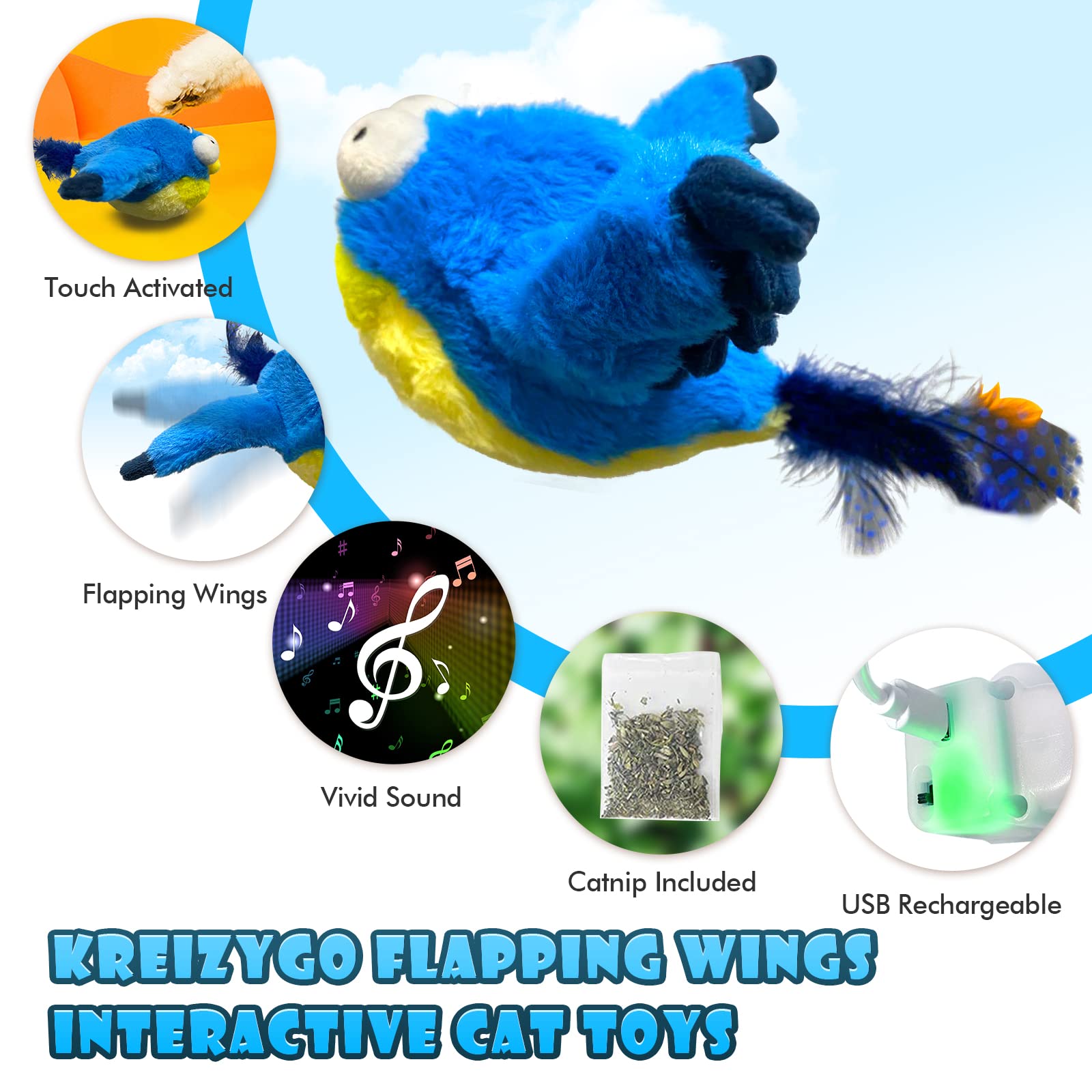 KreizyGo blue bird chirps and flaps to stimulate hunting instincts